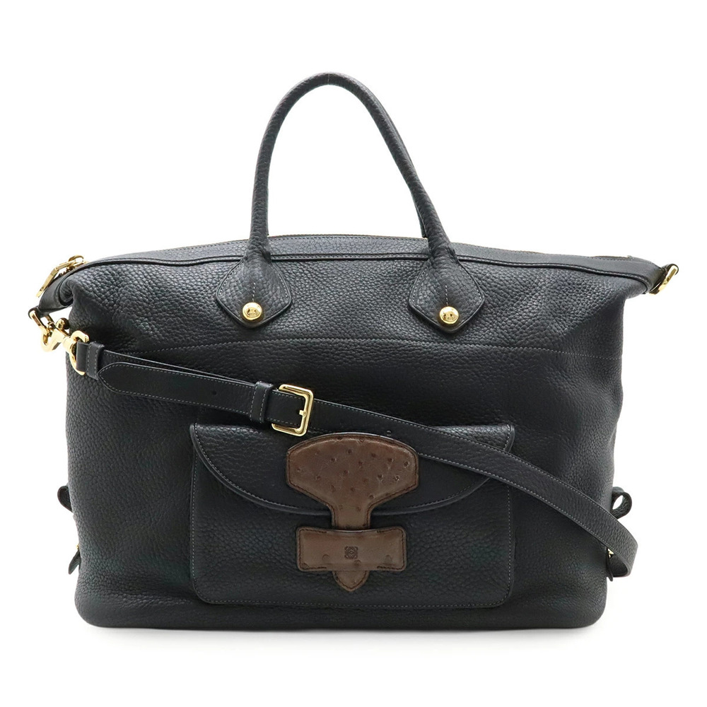 Loewe Tote Bag 2way Crossbody Leather Ostrich Black Brown